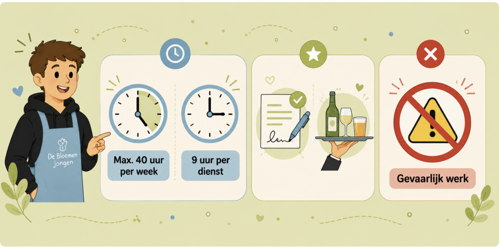 Banner met een overzicht van de werktijden, het zelf tekenen van een contract, alcohol schenken en het verbod op gevaarlijk werk voor 16- en 17-jarigen. bijbaan 16 jaar