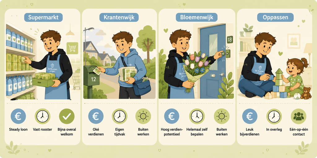 Vergelijking van populaire bijbaantjes vanaf 15 jaar: supermarkt, krantenwijk, bloemenwijk en oppassen