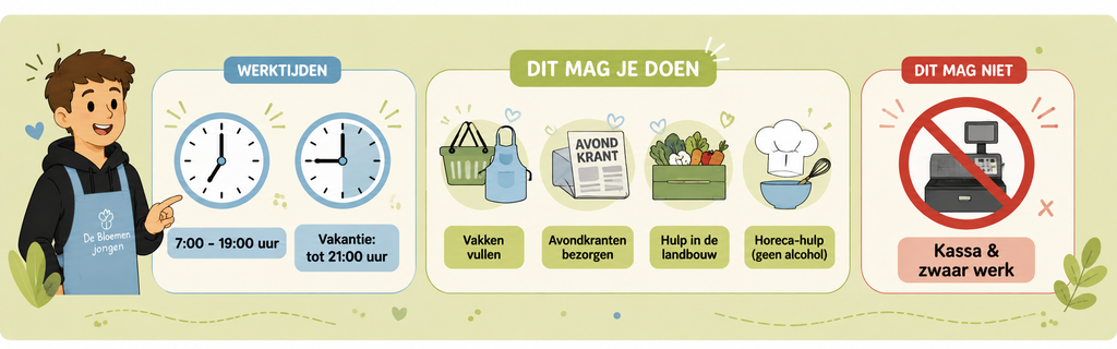 Infographic: wat mag je doen met een bijbaan als je 15 jaar bent, werktijden 7.00-19.00 uur (vakantie tot 21.00 uur), toegestane klusjes en verboden kassa- en zwaar werk