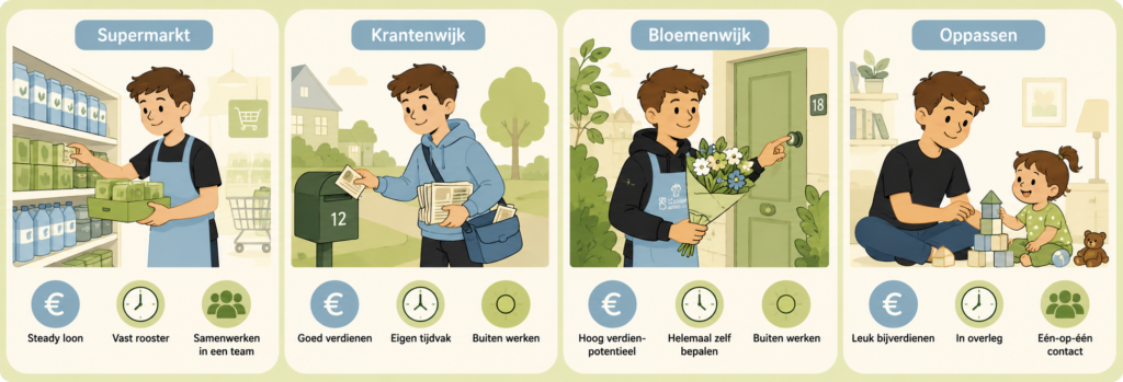 Vergelijking van populaire bijbaantjes vanaf 13 jaar: supermarkt, krantenwijk, bloemenwijk en oppassen